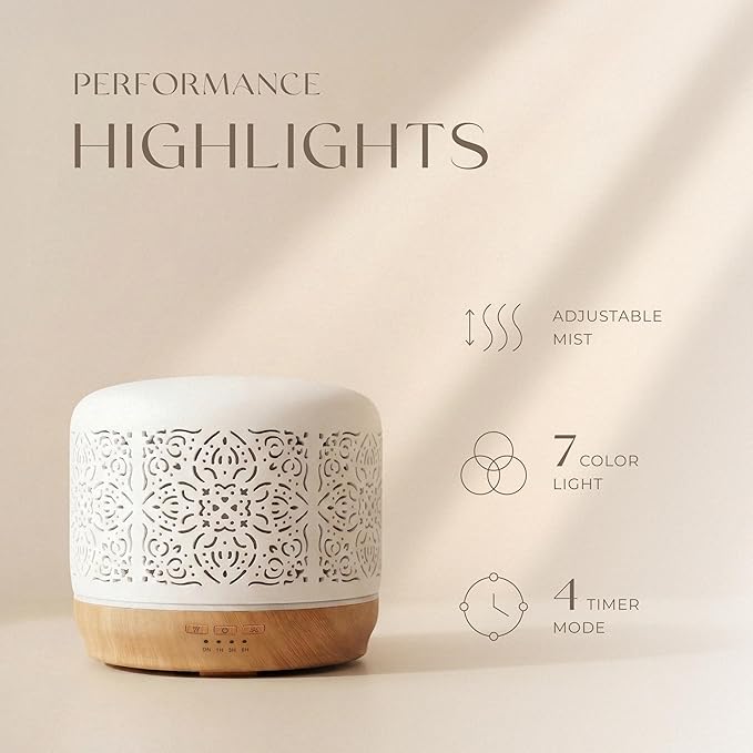 Earnest Living Essential Oil Diffuser White Ceramic Diffuser 500 ml Timers Night Lights and Auto Off Function Home Office Humidifier Aromatherapy Diffusers for Essential Oils