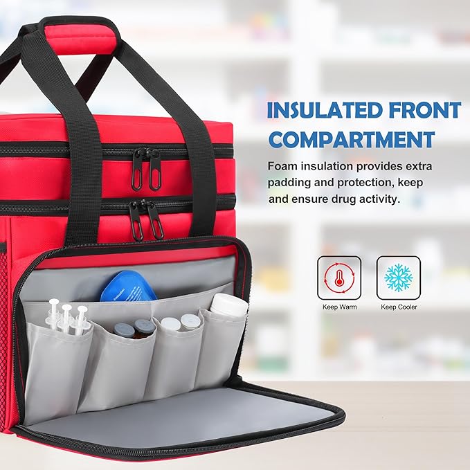 Large Medicine Storage Bag, Double Layer Pill Bottle Organizer Storage Bags with Lockable Zipper, Medication Travel Bag Carrying Case for Men Women (Red)