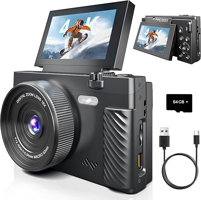 4K Digital Camera for Photography, 64MP WiFi Vlogging Camera with 180° Flip Screen, Point and Shoot Camera for YouTube, Beginner Camera with Beauty Mode & 64GB SD Card