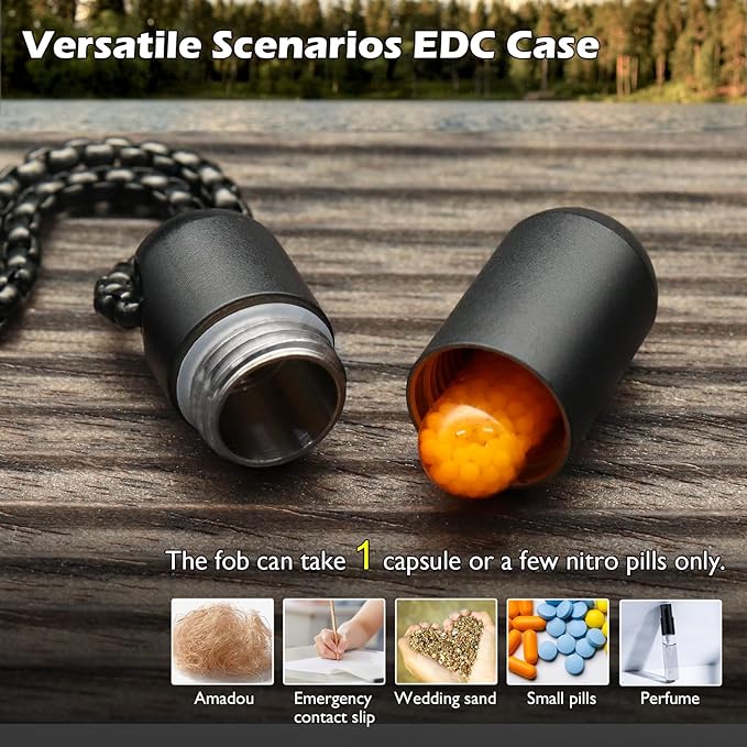 Small Pill Box Necklace Black Titanium Mini Pill Case with Necklace Chain Tiny Pill Case for Men Waterproof Pill Holder Emergency Aspirin & Nitro Pill Container Stocking Stuffers Christmas Gifts