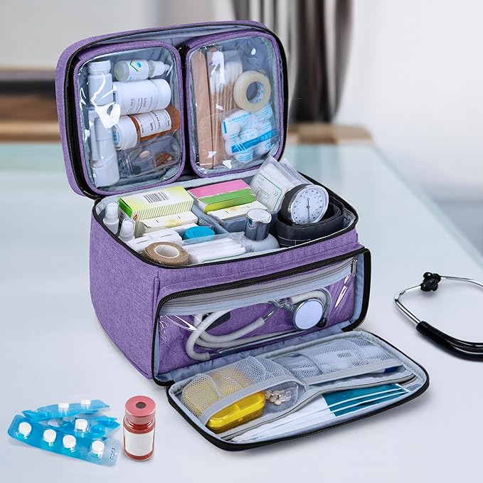 LUXJA Medicine Bag with 2 Detachable Clear Pouches, Pill Bottle Organizer with Detachable Dividers (Suitable for Home or Travel Use), Purple