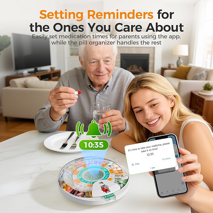 Betife Automatic Pill Dispenser,28-Day Smart Bluetooth Pill Box, App Support Automatic Pill Case with 6 Alarms & Light Reminder, Monthly Timer Dispenser,Electronic Medication Management for Seniors