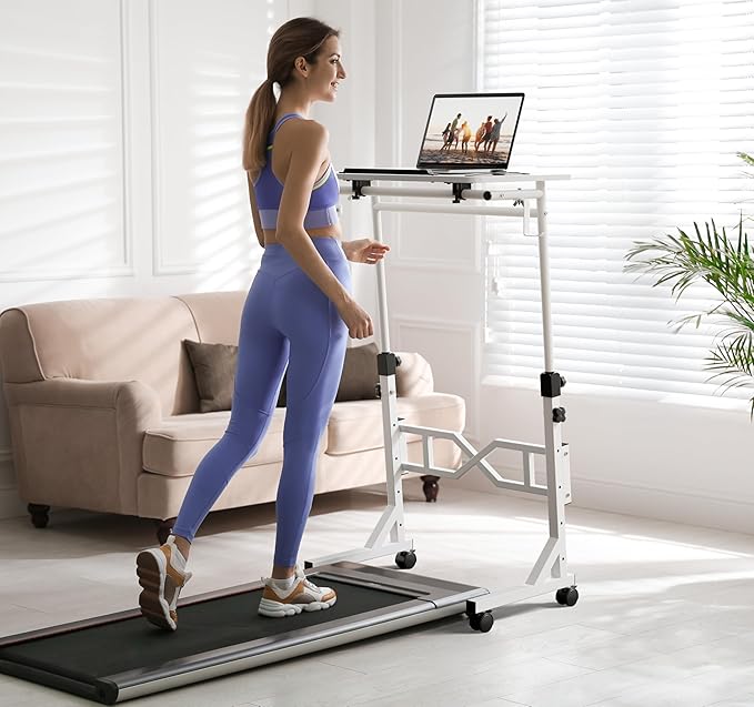 Small Standing Desk with Wheels, 29.5-45.3 Inch Adjustable Height, Portable Treadmill Desk, Rolling Computer Table for Walking Pad with a Cup Holder and a Hook