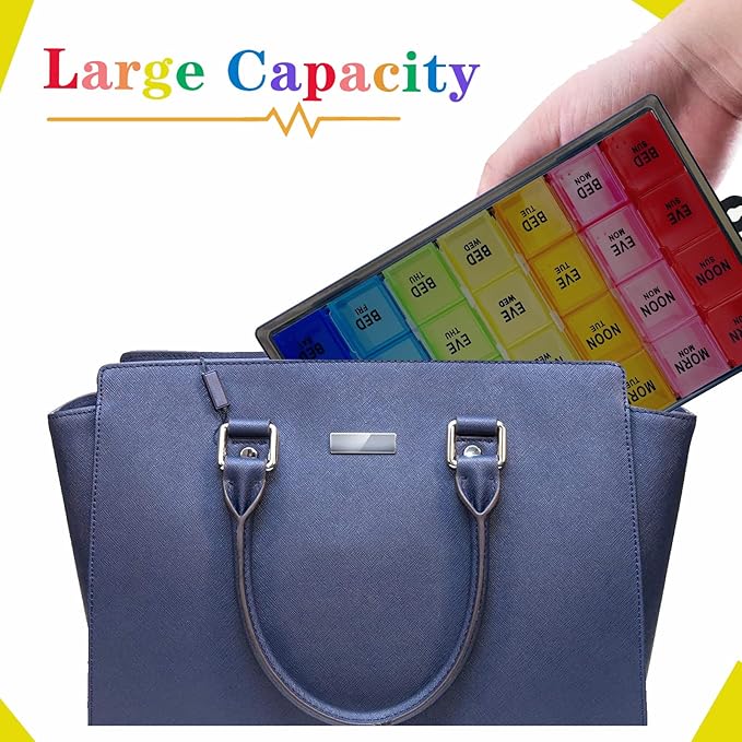 Weekly Pill Organizer 4 Times a Day, Large Medicine Organizer, Pill Box 7 Day 28 Compartment, Portable Travel Pill Container Case for Vitamin and Supplement (Color)