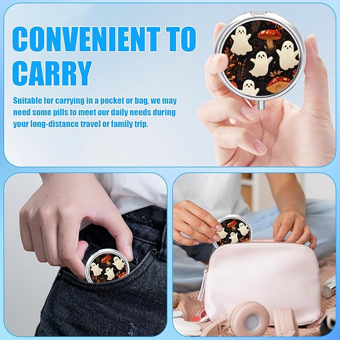 Funny Ghost Mushroom Pill Case, Pill Box 3 Compartments Metal Small Pill Holder with Mirror Mini Travel Pill Container for Purse Pocket Women Men