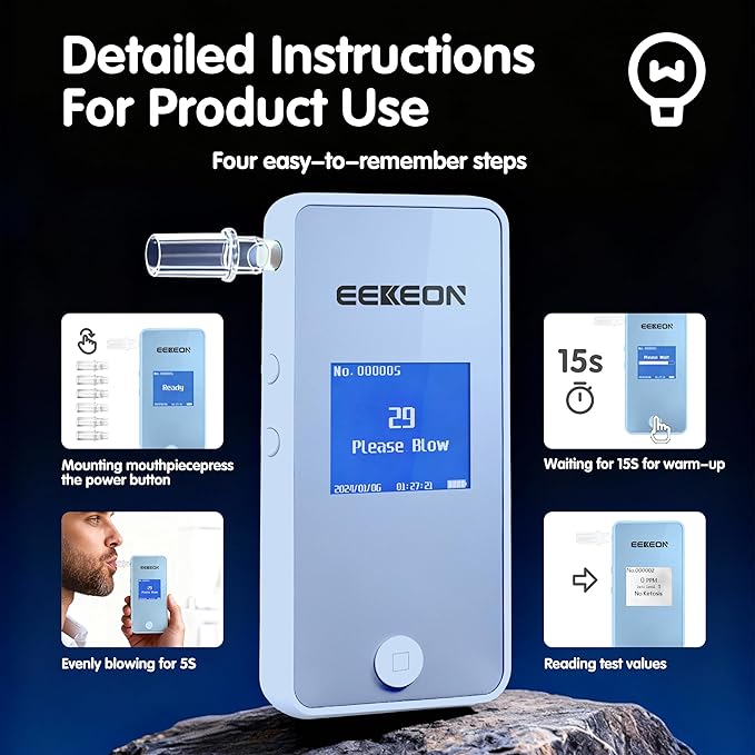 KetoTracker Ketone Breath Meter, Ketone Meter for Ketosis Monitoring, Breath Ketone Tester, No Strips Needed, 1-Button Management with 10pc Mouthpieces(Blue)
