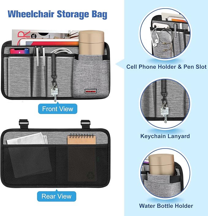 FINPAC Wheelchair Side Organizer Bag with Cup Holder(Gray) Weekly Pill Organizers (Emerald Illusions)
