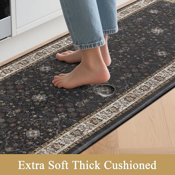 Pauwer Anti Fatigue Kitchen Floor Mats Set of 3, PVC Foam Padded Kitchen Rugs, Non Slip Cushioned Comfort Standing Mat, Waterproof Sink Rug for Small Kitchen Area, Laundry Room, Black