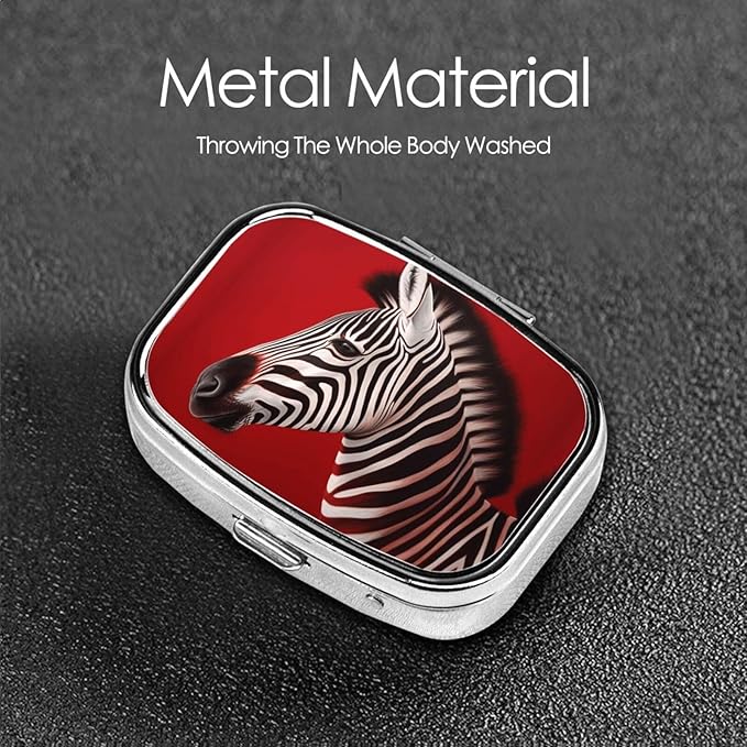 Square Pill Box 2 Compartment Medicine Pill Case Zebra Red Pill Box for Purse Pocket Waterproof Metal Pill Container Portable Pill Holder Mini Pill Organizer for Travel or Daily