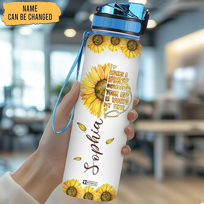 Hyturtle Personalized I Became A Nurse Sunflower 32oz Liter Motivational Water Bottle, Customized Name Tracking Water Bottle Funny Nurse, Gifts For Nurses, Women Coworkers On Birthday, Mother's Day,