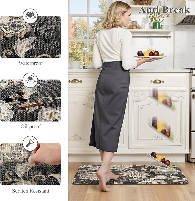 LEEVAN Anti Fatigue Mats for Kitchen Floor 2 Piece,Cushioned Memory Foam Black Kitchen Mats for Floor,Comfort Floral Boho Non Slip Kitchen Floor Mat for Sink,Laundry,Office(17''x29''+17''x47'')