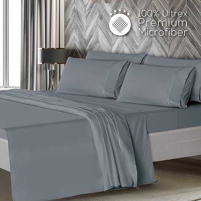 Mueller UltraTemp King Size Sheets Set – 6 Piece Premium Bedding, Silky Soft 1800 Thread Count, Cooling, Deep Pocket up to 16", Breathable Heat Transfer, Wrinkle-Resistant & Hypoallergenic, Light Gray