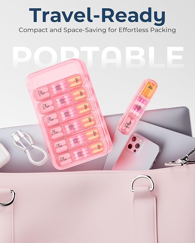 Pill Organizer 3X a Day｜Pink Perfection Portable Pill Case｜7-Day Weekly Compartment｜Stylish Travel Essential for Fashionistas｜BPA-Free Health Companion｜Luxury Bag Must-Have