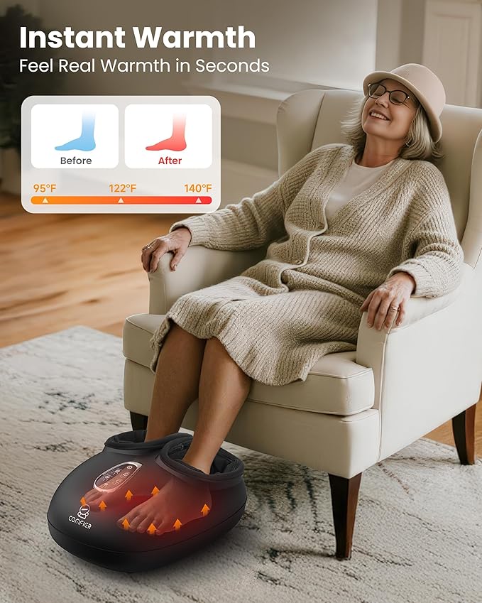COMFIER 4-in-1 Heated Foot Massager with Shiatsu, Compression & Vibration, Independent Controls, 3 Levels, Toe Touch Control, Large Size Fits Up to 14, Gifts for Mom Dad, Home Office use