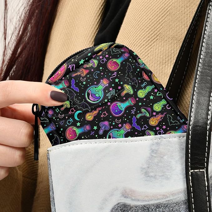 Travel Pill Organizer Bag Weekly Pill Organizer Case Psychedelic Mushroom Bat Purple Portable Small Daily Pill Boxes for Vitamin Fish Oils Supplement Holder with Zipper Compact Size