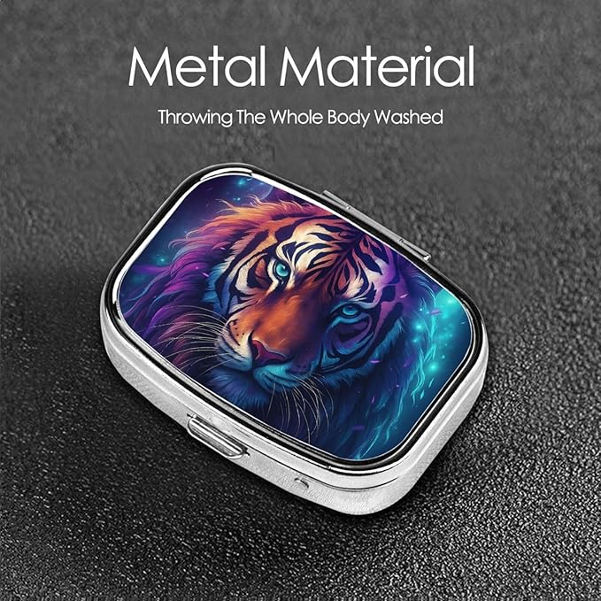 Enchantig Tiger Pill Box with Mirror 2 Compartments Square Pill Organizer for Pocket
