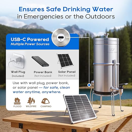 LCF 𝐒𝐢𝐥𝐯𝐞𝐫 𝐈𝐨𝐧𝐬 Enhanced UV-C Gravity Water Filter, Advanced Alternative to Berkey Water Filter System, NSF42 Standard, Reduces 99% Chlorine & Baçtёria, 6 Filters, Water Level Spigot, 3Gal