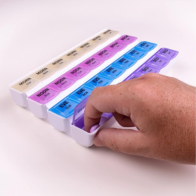 Apex 7-Day Mediplanner Pill Organizer, Weekly Pill Organizer, 4 Times A Day Color-Coded, Easy-Open, See-Through Lids, Organize Medication Or Vitamins by AM, PM, Evening and Bedtime