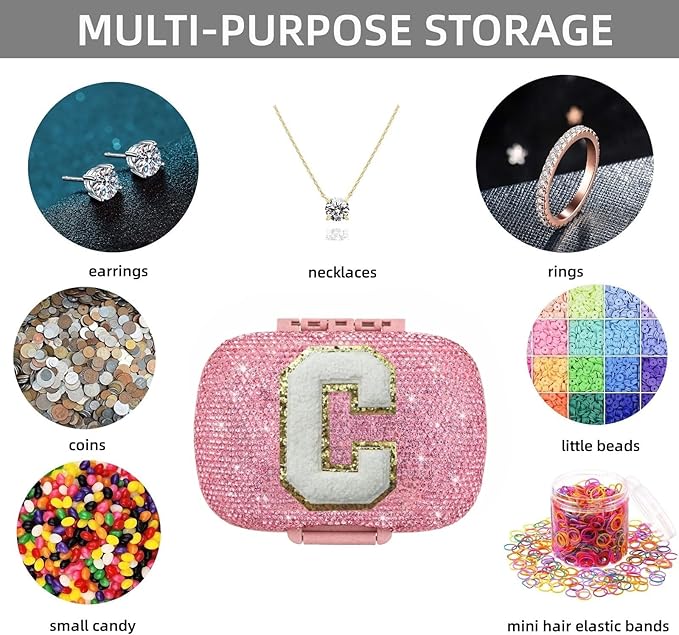 Cute Pill Organizer Small Bling Pill Case for Purse Medicine Vitamin Container Holder Daily Pill Box Container for Women Travel Medicine Kit(Letter C Pink)