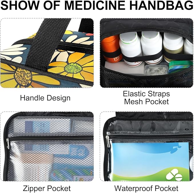 Fustylead Vibrant Vintage Groovy Daisy Flowers Travel Medicine Organizer Bag Home Storage First Aid Kit Large Pill Case with Zipper for Pill Bottle, Vitamins, and Medical Supplies