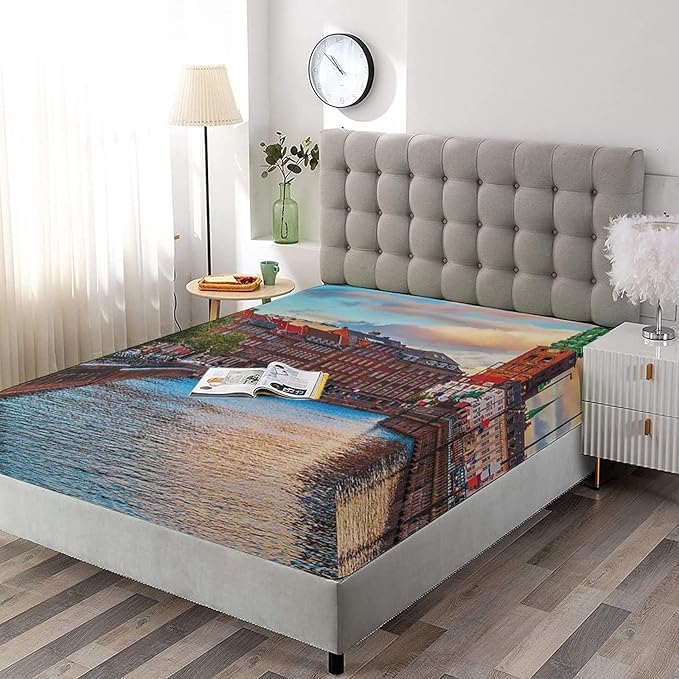 XISUNYA Decorative Fitted Sheet Set Twin Size, European Deep Pockets Fitted Sheet & 2 Pillow Sham Set, Scenic Summer View at Sunset Copenhagen Denmark Printed Microfiber Bedding 3pc Set,for Mattress