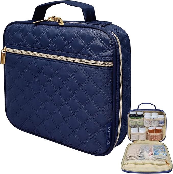 Medium Pill Bottle Organizer, Medicine Bag, Case, Carrier for Medications, Vitamins, and Medical Supplies - Travel Medicine Organizer Home Storage Med Bag - Ultrasonic Navy (Without Lock)