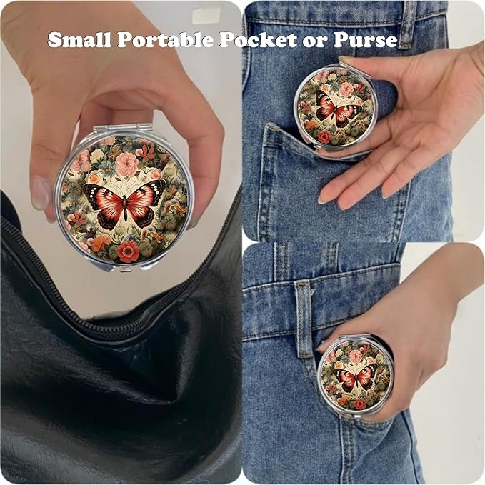Small Pill Box 3 Detachable Compartments Pill Case with Mirror 2.4inches Pocket Round Medicine Organizer, Mini Portable Pill Organizer for Pocket Purse& Travel Convenience-Butterfly Flower Red