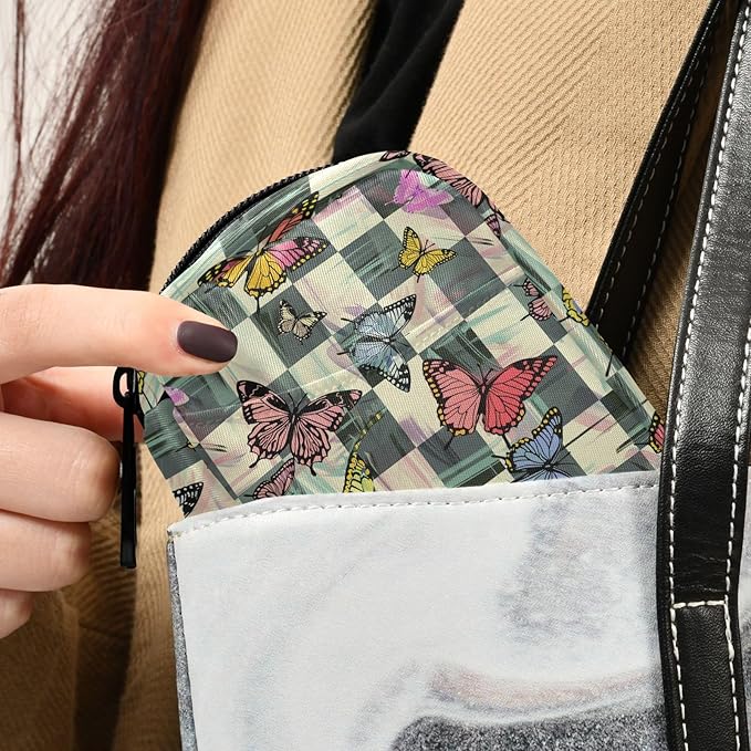 Fustylead Colorful Monarch Butterflies Print Over Checkers Background Travel Pill Case Bag with Zipper Weekly Pill Box 8 Compartments 7 Day Personal Pill Case Purse Medicine Case Organizer