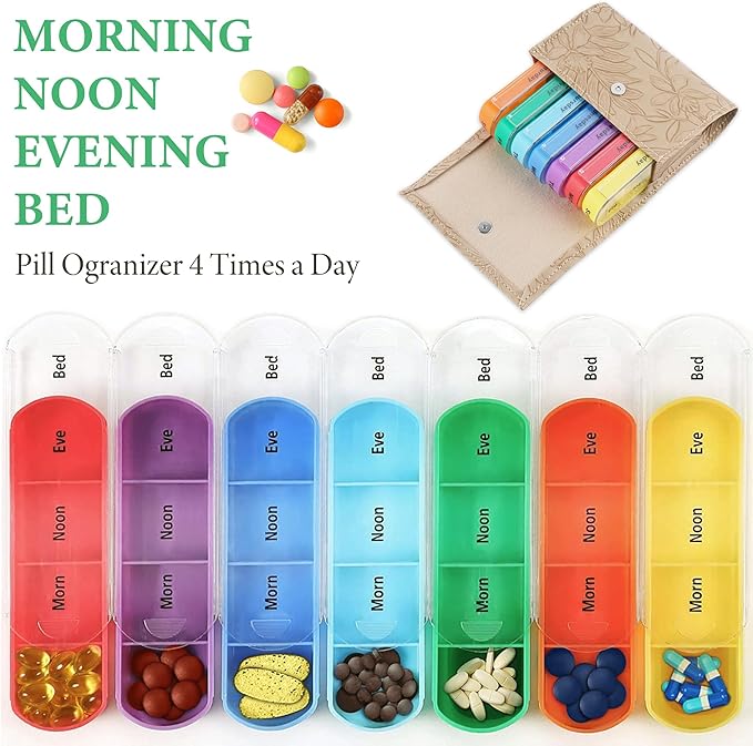 Pill Organizer,LIZIMANDU Weekly Travel Pill Case Box Medication Reminder Daily AM PM, Day Night 7 Compartments,for 4 Times A Day, 7 Days a Week-Includes Leather PU Carrying Case(1-Carved Apricot