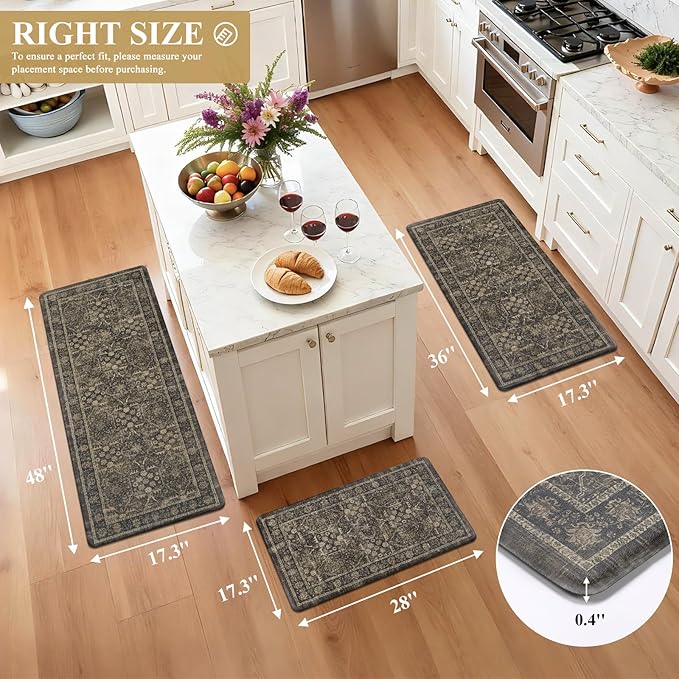 Pauwer Anti Fatigue Kitchen Floor Mats Set of 3, PVC Foam Padded Kitchen Rugs, Non Slip Cushioned Comfort Standing Mat, Waterproof Sink Rug for Small Kitchen Area, Laundry Room, Taupe