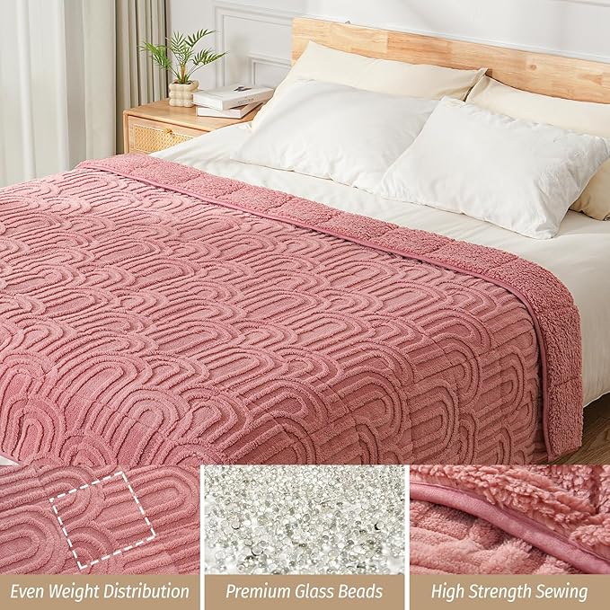 Wemore Jacquard Fleece Weighted Blanket Queen Size 60" x 80" 15lbs, Ultra Soft Cozy Sherpa Weighted Blankets for Adults, Ultra Fuzzy Heavy Blanket for Sleep, Fluffy Warm Throw for Bed, Apricot Pink