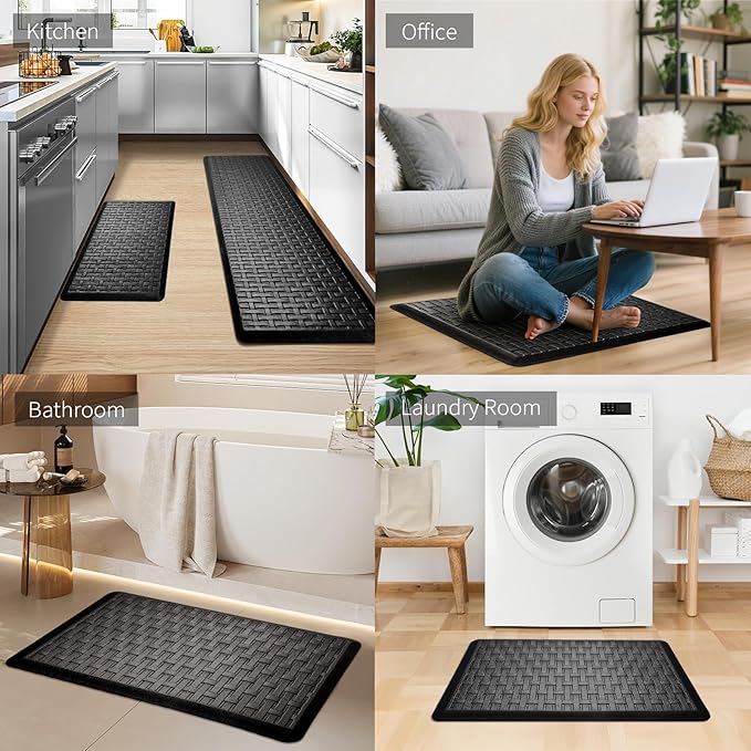 2PCS UKISS Kitchen Rugs, Cushioned Anti Fatigue Kitchen Mats for Floor, Waterproof Kitchen Rug，Non-Slip Comfort Standing Mat for Kitchen (Black, 17.3"x28"+17.3"x60")