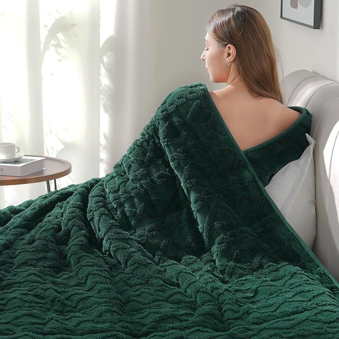 Drewin Queen Size Weighted Blanket for Adults 20 lbs, Soft Fuzzy Jacquard Sherpa Weighted Blankets for Sleeping 60 x 80 inches, Cozy Sofa Bed Blanket for Winter, Dark Green