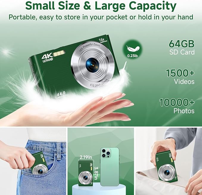 Digital Camera, FHD 4K Autofocus Compact Digital Cameras for Teens, Green Point and Shoot Camera for Kids with 16X Zoom, 64GB SD Card, 2026 Upgraded Small Digital Camera for Boys Girls Teens Kids Gift