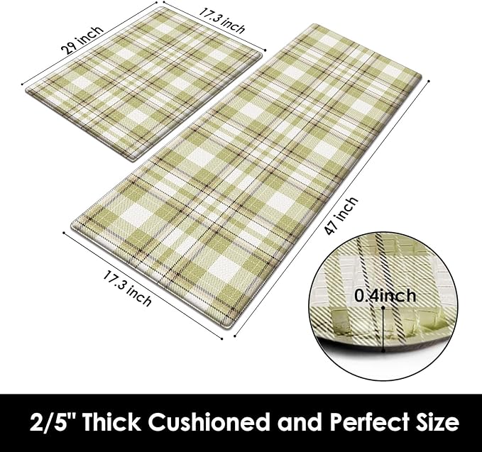 Arttown Green Anti-Fatigue Kitchen Rug Set of 2 Plaid Cushioned Floor Standing Mat Waterproof Non-Slip Mat and PVC Ergonomic Comfort Foam Rug