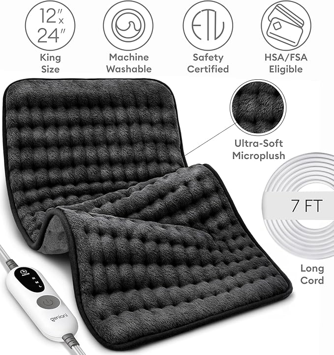 GENIANI Electric Heating Pad for Back Pain & Cramps Relief, Electric Throw, Auto Shut Off, Machine Washable, Double Sided Heating Pad for Neck & Shoulder (12×24", Charcoal Black)