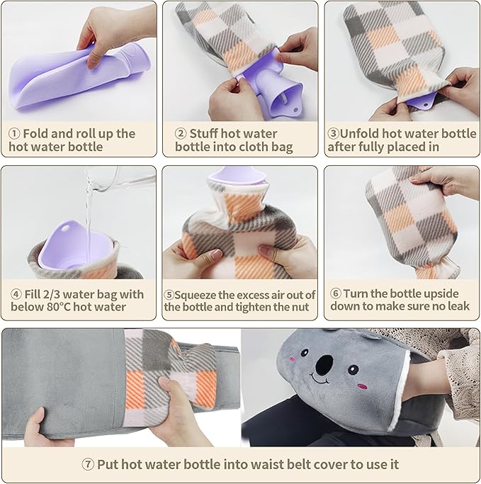 Hot Water Bottle wtih Cover, Hot Water Bag, 1L Rubber Warm Hot Water Bottles Pouch with 130cm Long Soft Waist Cover for Neck, Shoulder, Back, Hand, Legs and Period Pain Relief