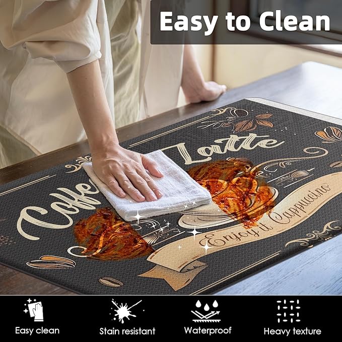 Arttown Coffee Latte Anti-Fatigue Kitchen Rug Set of 2 Brown Black Farmhouse Vintage Cushioned Floor Standing Mat Waterproof Non-Slip Kitchen Mat and PVC Ergonomic Comfort Foam Rug