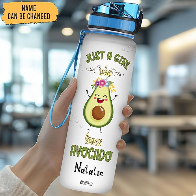 Hyturtle Personalized Avocado Water Bottle - 32oz 1Liter Motivational Water Bottle with Leak-Proof Lid Time Marker - Custom Name Gift for Avocado Lovers Women Girls - Birthday & Christmas Gift