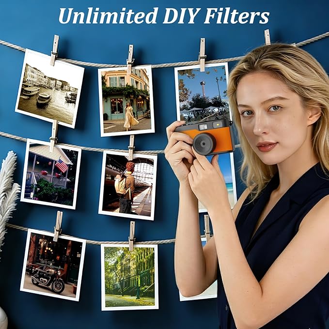 Screen Free Digital Camera, Reusable 12MP Vintage Digital Camera with Unlimited DIY Filters, OTG Support and Flash Light for Summer Camp with 32GB Micro SD Card, OTG Adapter and Type-C Cable（Orange）