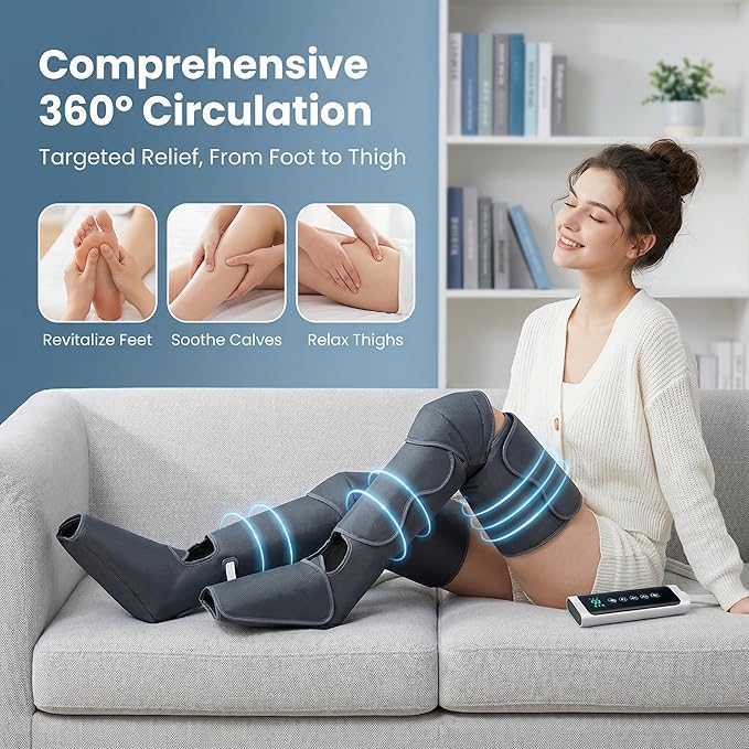 Leg Compression Massager Foot Calf Massager with Heat and Compression, Leg Compression Boots for Recovery & Pain Relief, 3 Intensities 4 Chambers Sequential Massage
