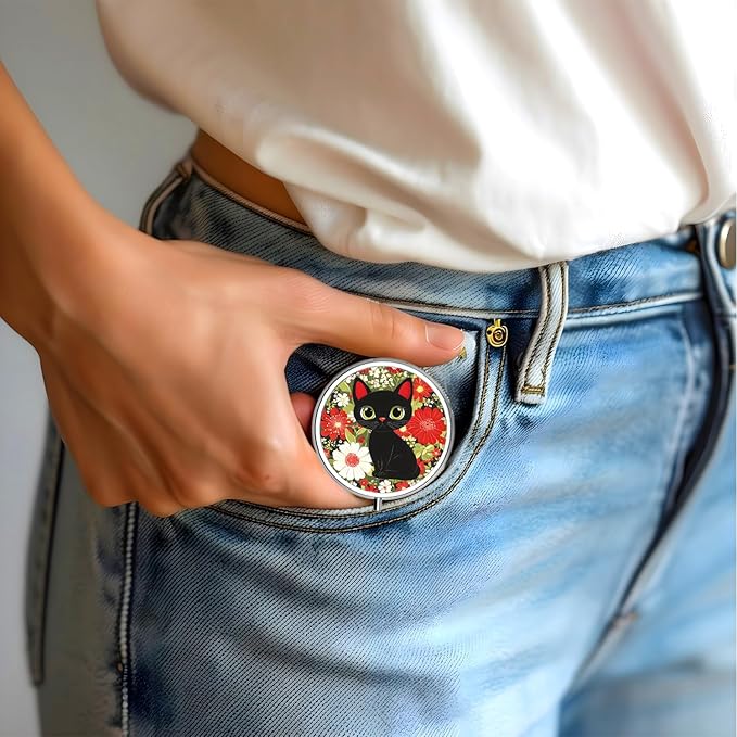 Pill Box-3 Compartment Small Pill Case for Purse & Pocket Mini Metal Pill Holder Travel Pill Container to Hold Supplements Vitamins BPA-Free (Cute Cat)