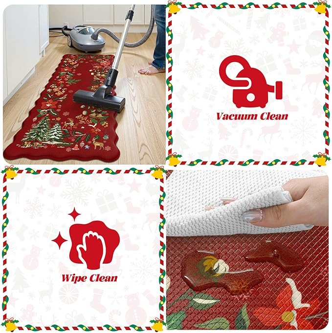 Collive Christmas Anti Fatigue Mats for Kitchen Floor, Xmas Tree Scalloped Kitchen Rugs Sets of 2 Waterproof Padded Floral Rug, Memory Foam Comfort Standing Mat Non Slip for Office, Sink, Laundry, Red