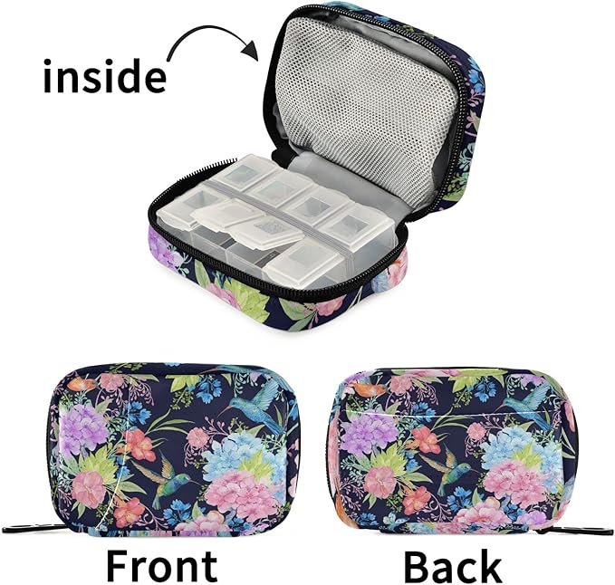 Hummingbird Floral Pill Case, Weekly Portable Pill Bag Container 7 Days Pill Box Organizer Vitamin Supplement Holder with Zipper for Travel Family Business