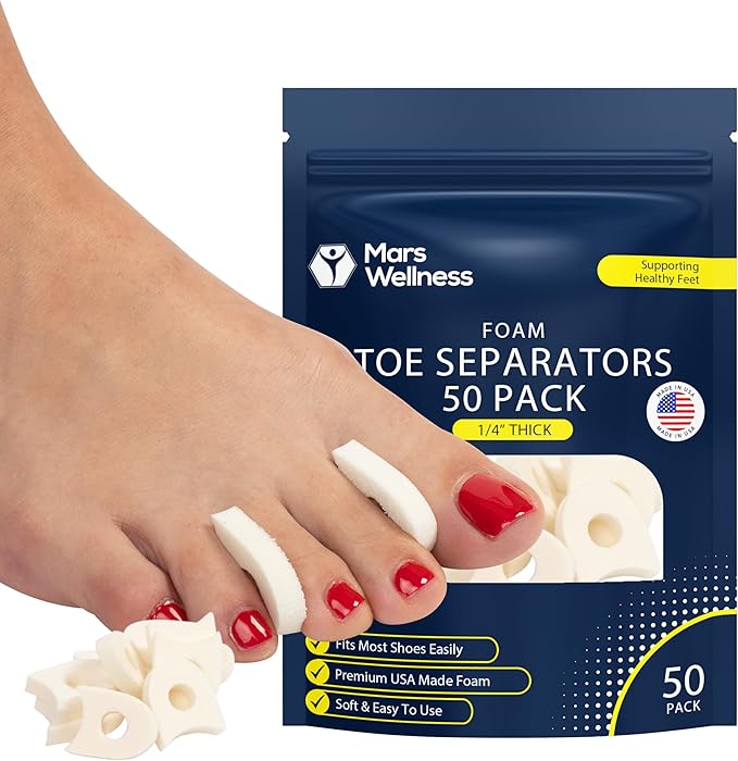 Premium Foam Toe Separators for Women and Men - Made in USA - Foam Toe Spacers for Corn, Blister, and Hammer Toe Relief - 1/4 Inch (50 Pack)
