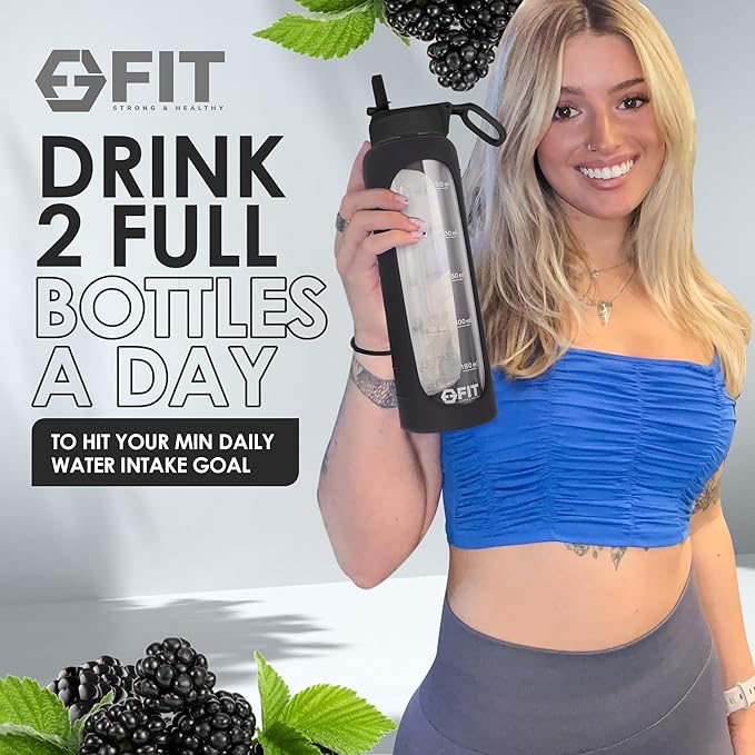 FIT Strong & Healthy 32 oz Glass Water Bottle with Straw Lid - Wide Mouth Borosilicate Glass Water Bottles with Time Marker, Silicone Sleeve & Extra Lid - 1L Large Motivational Drinking Bottle