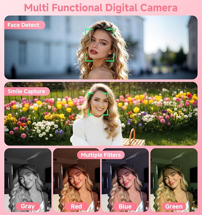 Digital Camera, 2026 Upgraded 56MP Pink Digital Camera, Dual Screens Cameras for Selfies with 16X Zoom, Compact Cameras with Smile Capture Anti Shake with 32GB SD Card for Kids Teens Adults