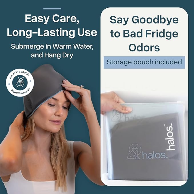MyHalos® Migraine Relief Cap,30% Thicker,2X More Cooling Gel -Stays Colder for Longer, Ice Hat, Ice Pack Head Wrap, Cold Headaches & Migraine Mask - Tension Headache Relief Cap (Gray) FSA|HSA Eligible