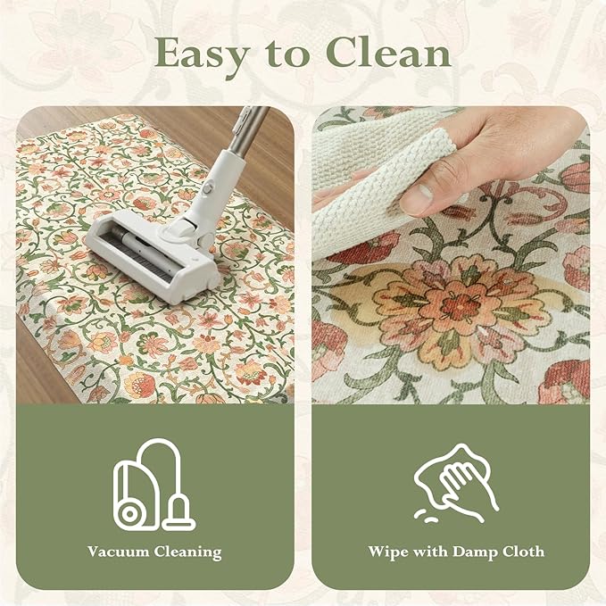 KIMODE Padded Kitchen Floor Mats Cushioned Anti Fatigue,3/4 Inch Comfort Memory Foam Ergonomic Standing Carpet for Office Desk,Boho Vintage Sink Rug Non Slip for Laundry,Green/Orange