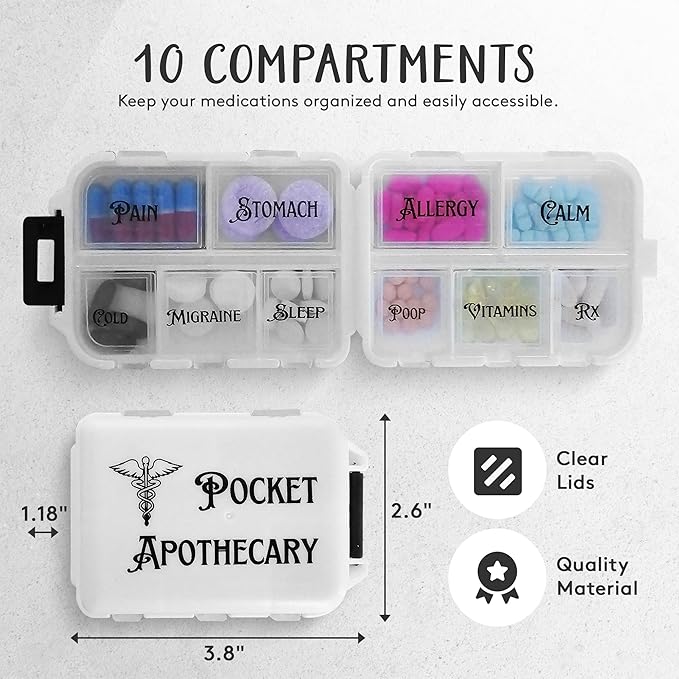 Pill Box with Sticker Labels - 10 Compartments Daily Pill Container - Travel Toiletries Medication Case with Secure Snap-Lock Closure